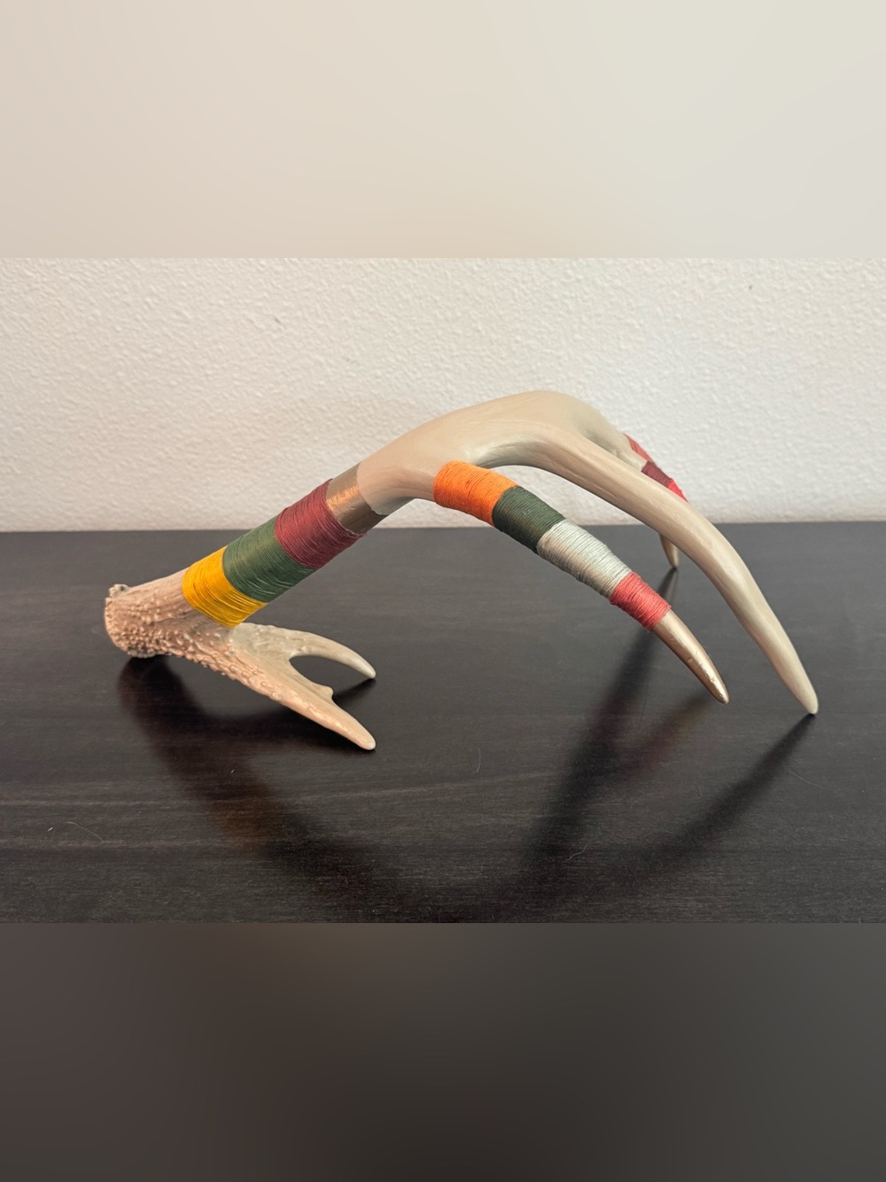 Hand-Wrapped Antler Accent with Multicolor Thread